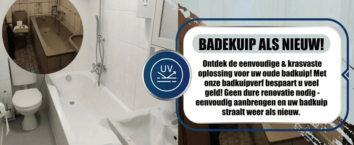 Voor en na: oude bruine badkuip wit gerenoveerd met badkuipverf, ziet er weer als nieuw uit.