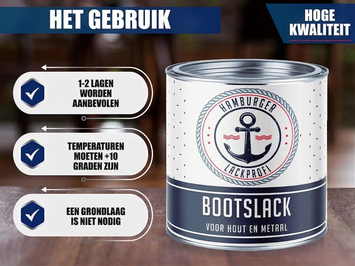 Blik Hamburger Lackprofi Bootslak voor hout en metaal. Gebruik: 1-2 lagen, min. +10°C, geen primer nodig.