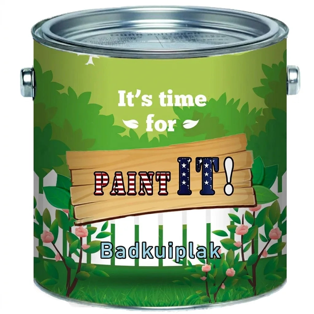 Verfblik met opschrift 'Badewannenlack' voor het verven van badkuipen, met tuinontwerp en hek.