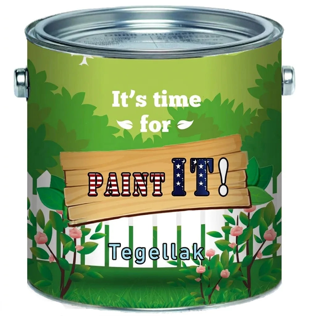 Groen verfblik voor tegellak (Fliesenlack) met tuindecoratie en de Engelse tekst 'It's time for PAINT IT!'.