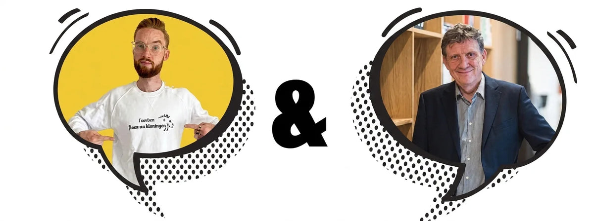 Twee mannen in spraakwolkjes gescheiden door '&'. Links baard en bril, rechts in pak voor advies.