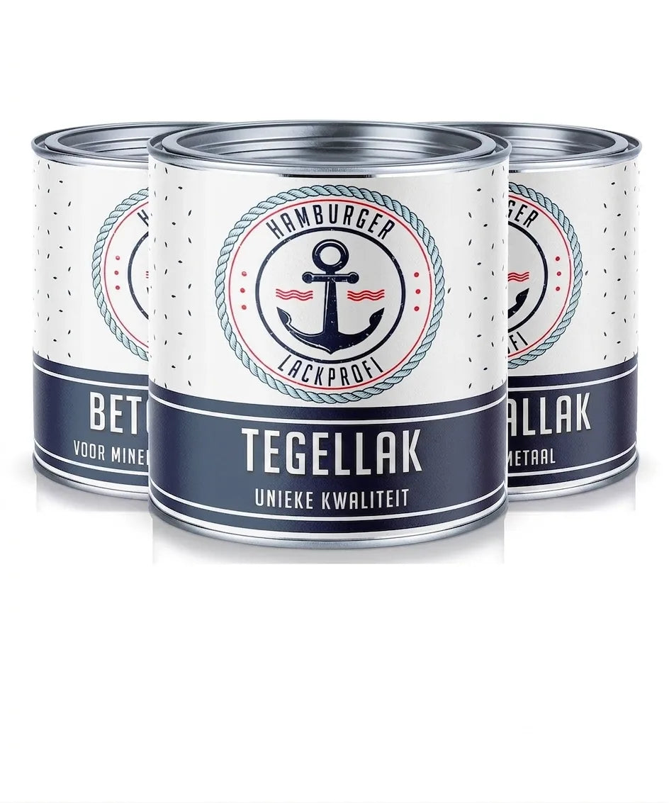 Drie blikken Hamburger Lackprofi tegellak, betonlak en andere speciale verven met nautisch design.