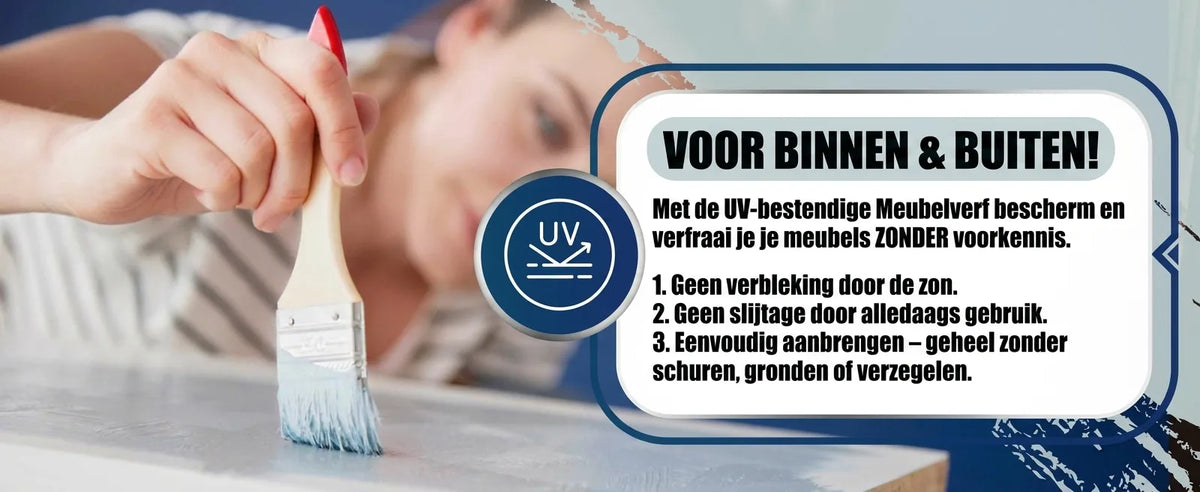 Vrouw schildert meubelstuk met UV-bestendige meubelverf voor binnen en buiten. Makkelijk aan te brengen.