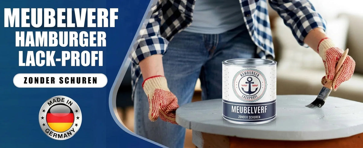 Persoon schildert meubels met Hamburger Lack-Profi meubelverf. Eenvoudig aan te brengen zonder schuren. Made in Germany.