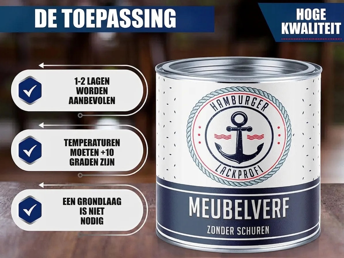 Pot Hamburger Lackprofi meubelverf, ankerlogo. Gebruik: 1-2 lagen, +10°C, geen primer, zonder schuren.