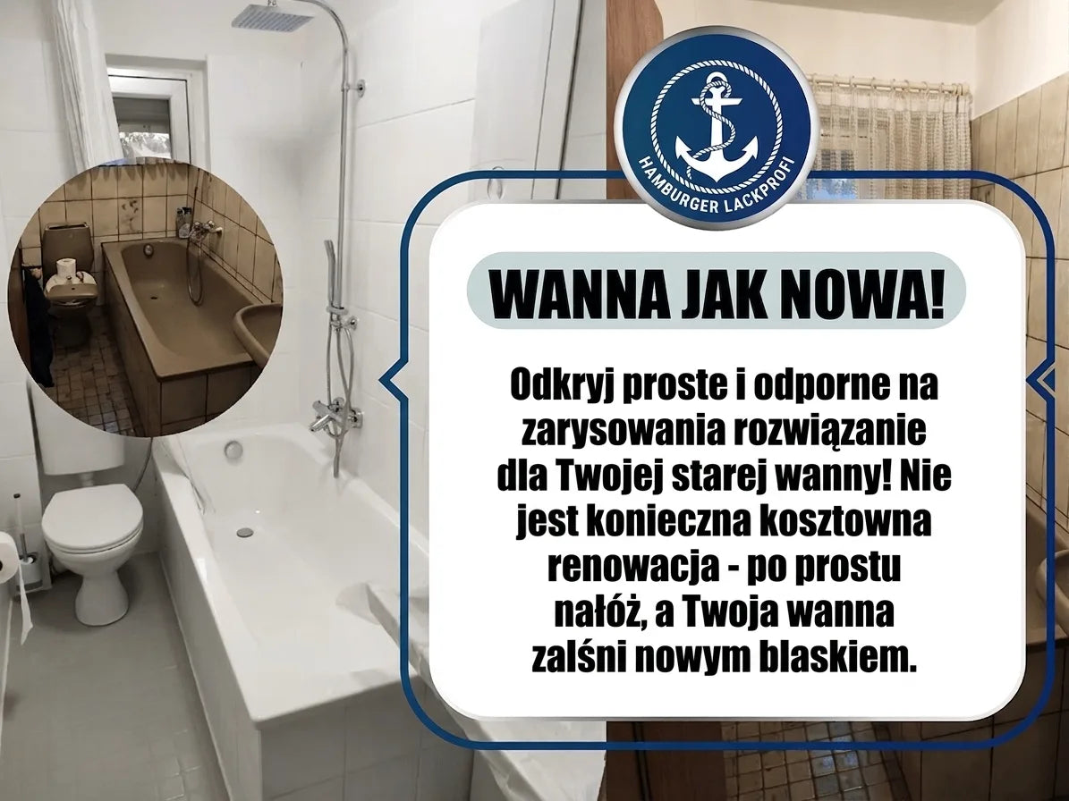 Reklama renowacji wanny: stara wanna (przed/po), tekst o łatwym, odpornym na zarysowania rozwiązaniu, które sprawia, że wygląda jak nowa.
