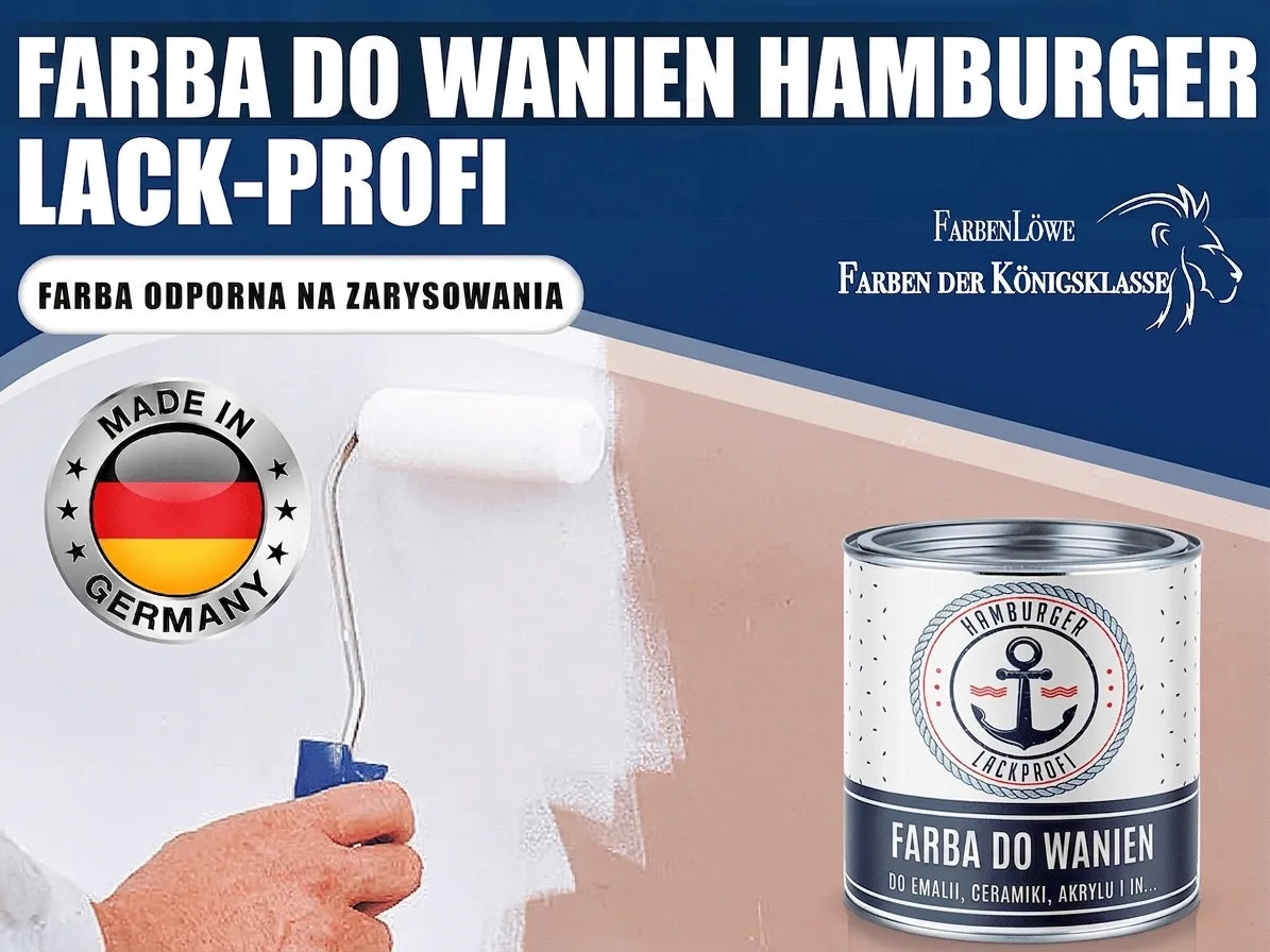 Farba do wanien Hamburger Lack-Profi, odporna na zarysowania, Made in Germany. Widać puszkę farby i malarza.