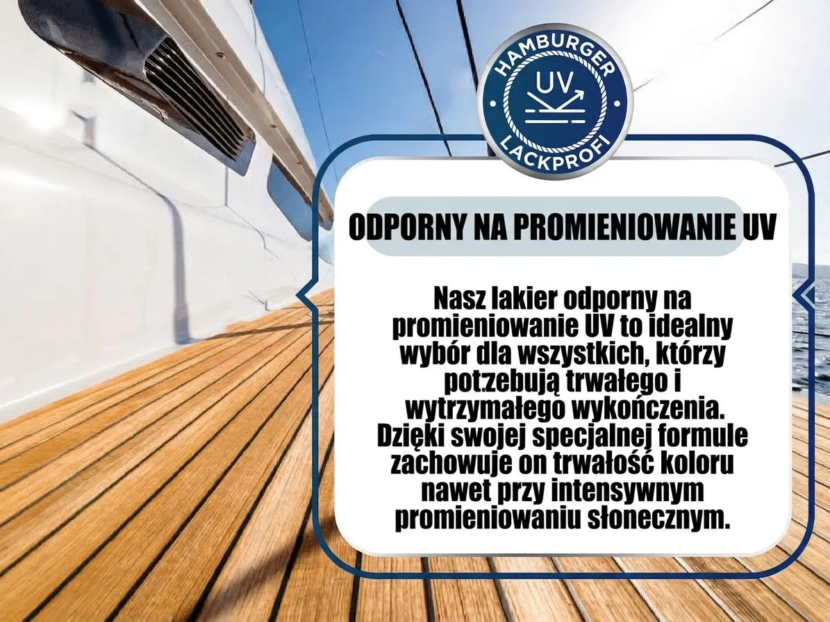 Pokład jachtu z drewnianych desek i białą burtą, z ramką tekstową opisującą lakier odporny na promienie UV.