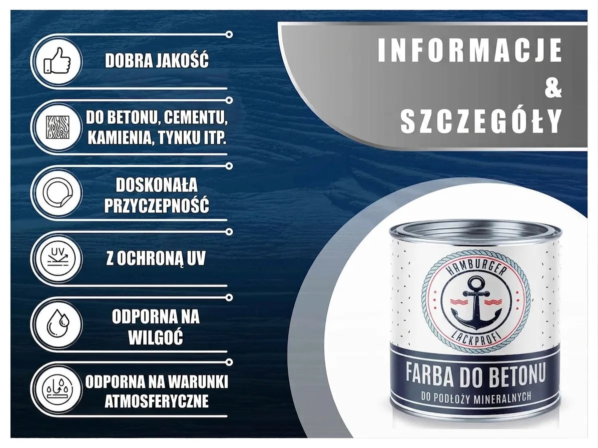 Reklama farby do betonu Hamburger Lackprofi, z listą cech: dobra jakość, UV, wilgoć, na beton, cement, kamień.