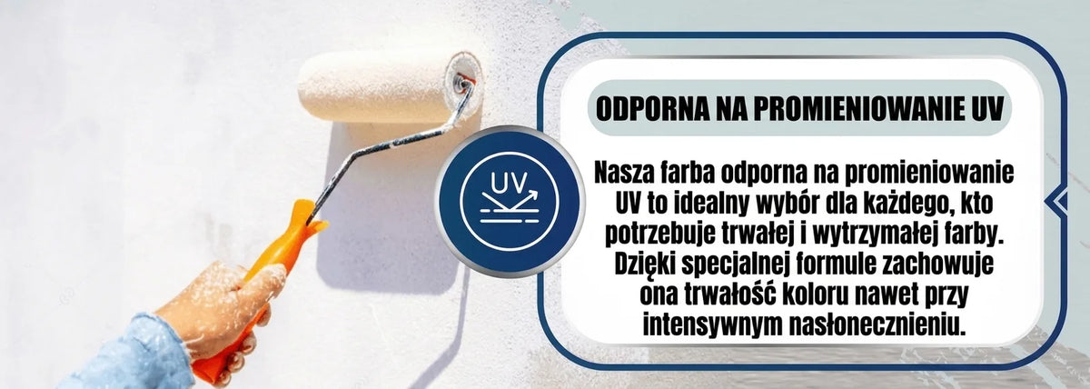 Reklama farby UV-odpornej. Osoba maluje ścianę wałkiem, tekst podkreśla trwałość i odporność na słońce.