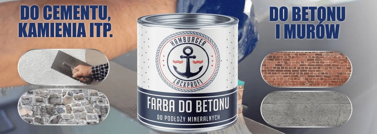 Puszka farby do betonu Hamburger Lackprofi, ilustrująca zastosowanie na powierzchniach cementowych, kamiennych, betonowych i murze.