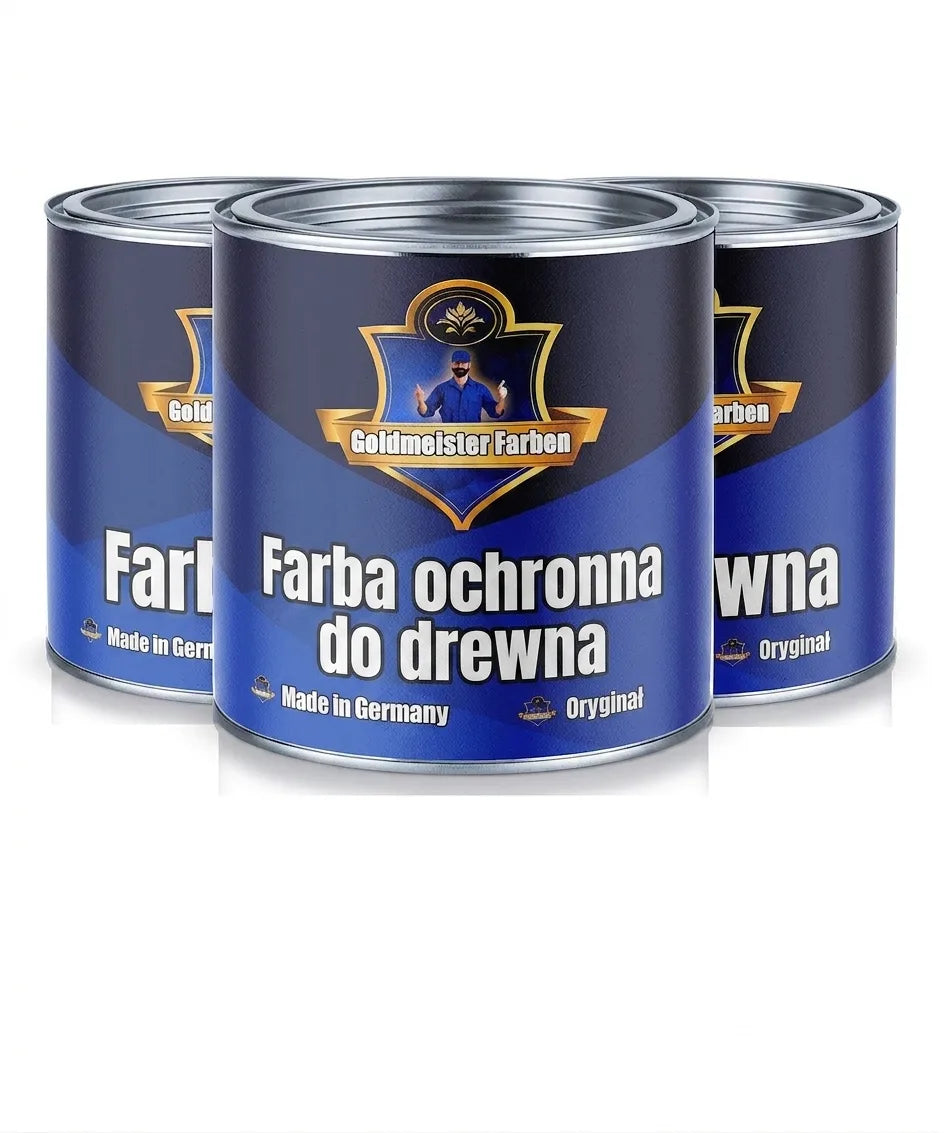 Trzy puszki farby Goldmeister Farben Holzschutzfarbe w kolorze ciemnoniebieskim, z napisem "Made in Germany" i "Das Original".