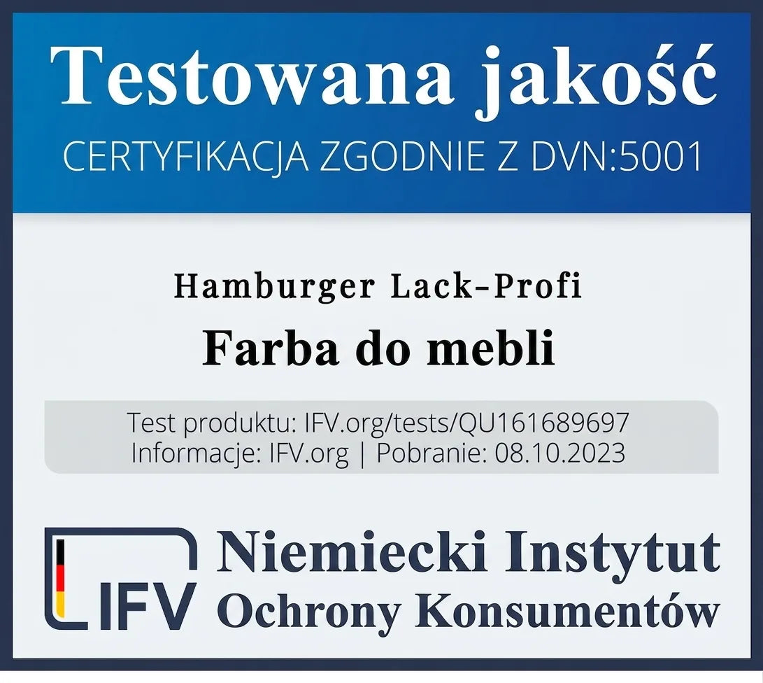 Certyfikat jakości dla farby do mebli Hamburger Lack-Profi od Niemieckiego Instytutu Ochrony Konsumentów.
