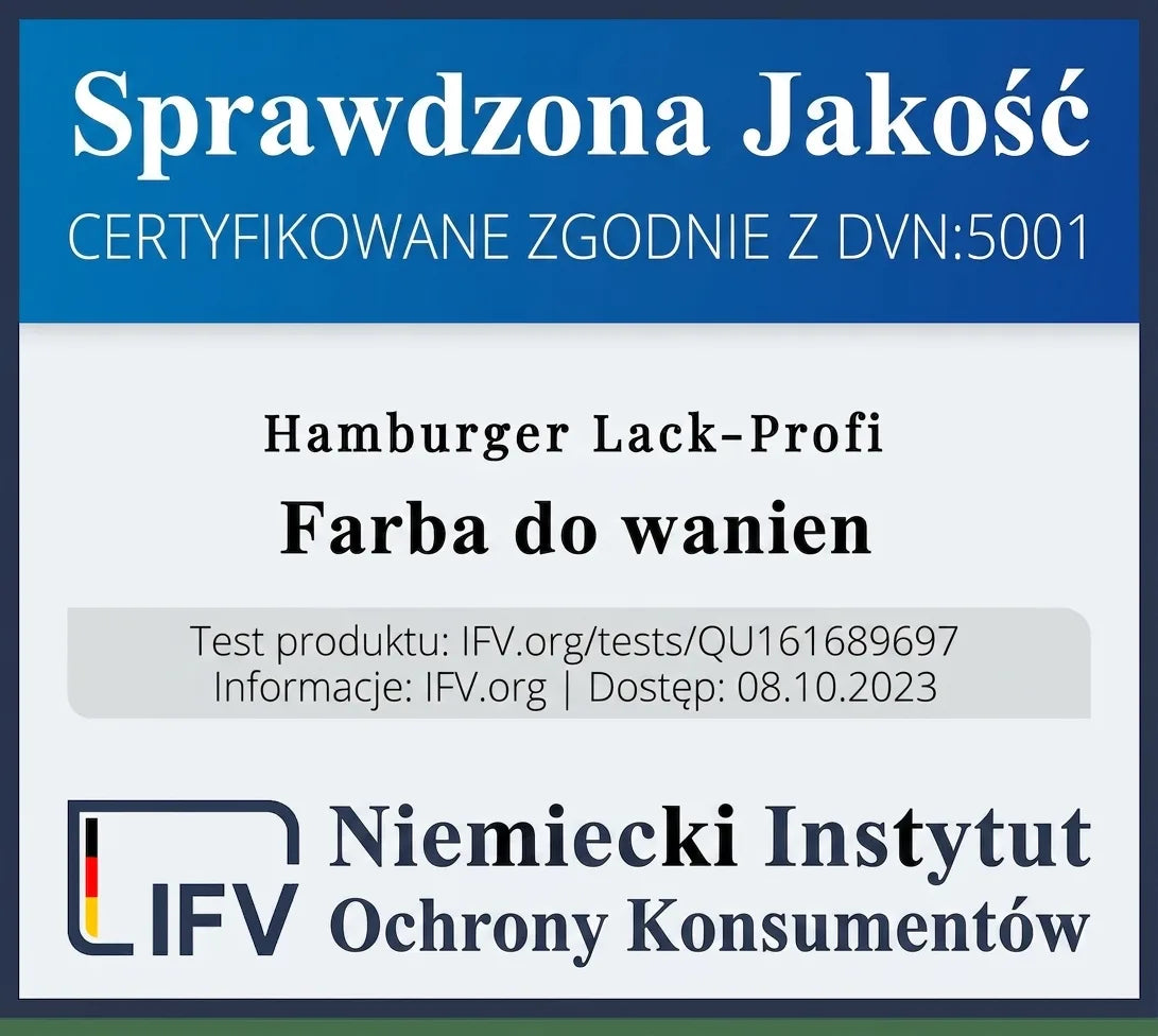 Certyfikat jakości dla lakieru do wanien Hamburger Lack-Profi, wydany przez Niemiecki Instytut Ochrony Konsumentów.