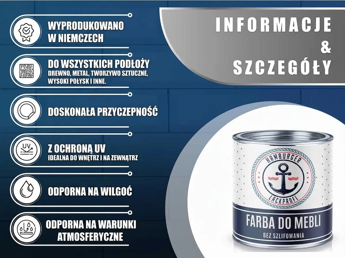 Niemiecka farba do mebli HAMBURGER LACKPROFI, bez szlifowania, UV, wodoodporna, do drewna, metalu, plastiku.