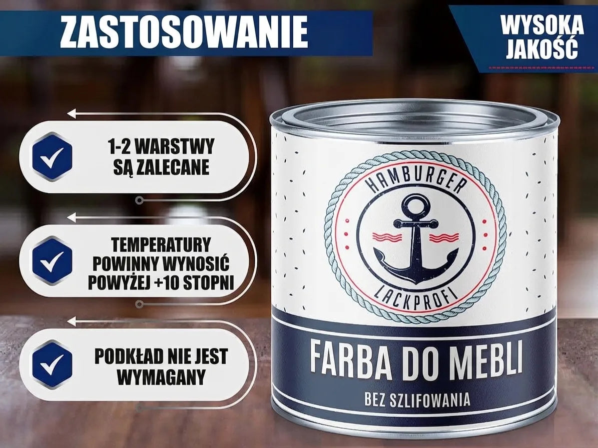 Puszka farby do mebli z instrukcją użycia: 1-2 warstwy, temp. +10°C, bez podkładu, bez szlifowania, wysoka jakość.