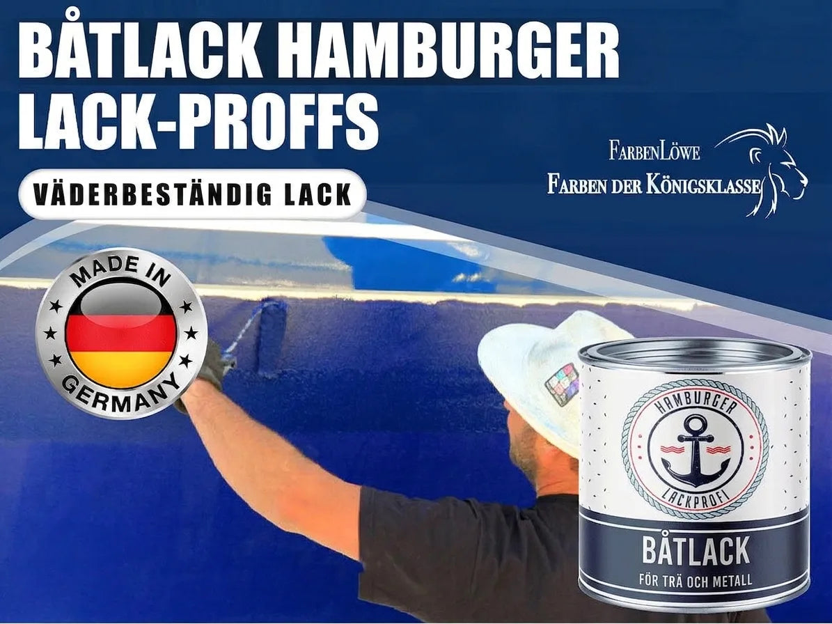 Väderbeständig blå båtfärg från Hamburger Lackprofi, tillverkad i Tyskland.