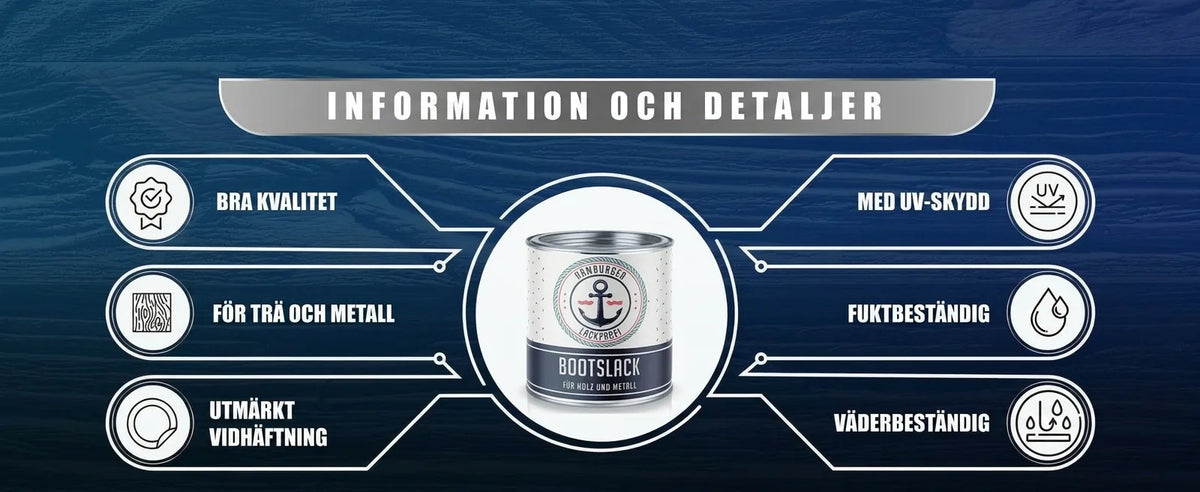 Information om båtfärg: god kvalitet, för trä & metall, utmärkt vidhäftning, UV-skydd, fukt- & väderbeständig.