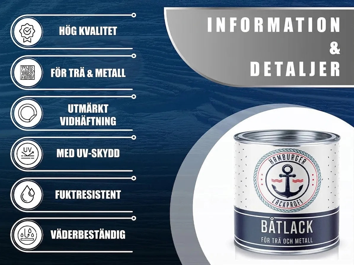 Hamburger Lackprofi båtlack för trä och metall. Hög kvalitet, UV-skydd, fukt- och väderbeständig med bra vidhäftning.