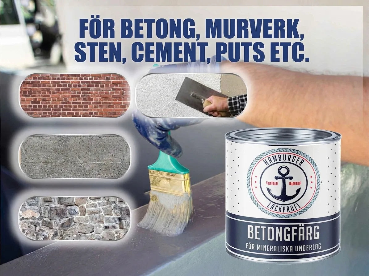 Hamburger Lackprofi betongfärg för mineraliska underlag som betong, murverk och sten. Burken visas med pensel.
