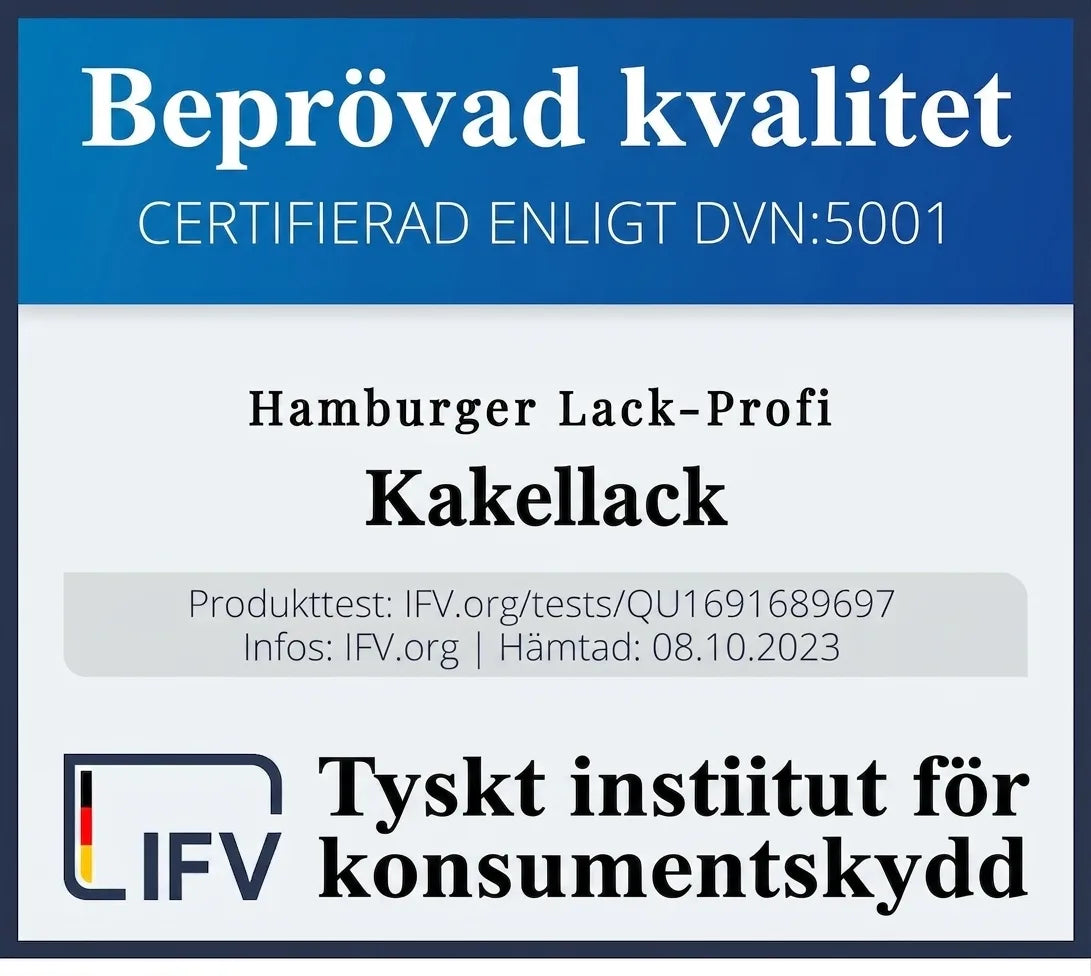 Certifikat för Hamburger Lack-Profi Kakellack: Kvalitetstestad och certifierad av Tyska institutet för konsumentskydd.