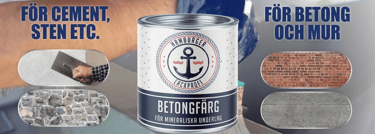 Burk med Hamburger Lackprofi betongfärg, lämplig för cement, puts, sten, betong och murverk. Visar exempel på ytor.