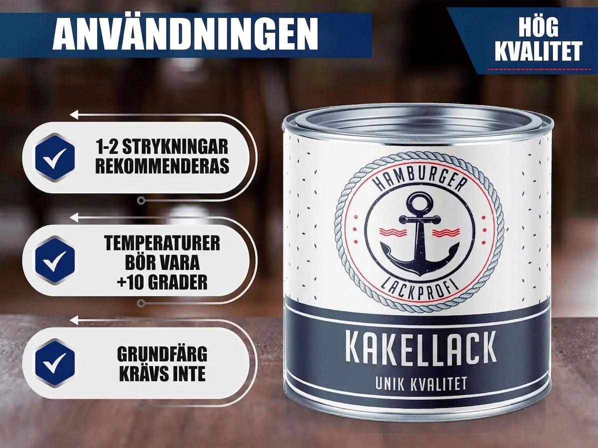Information om användning och kvalitet för kakellack, med instruktioner för applicering och rekommenderad temperatur.