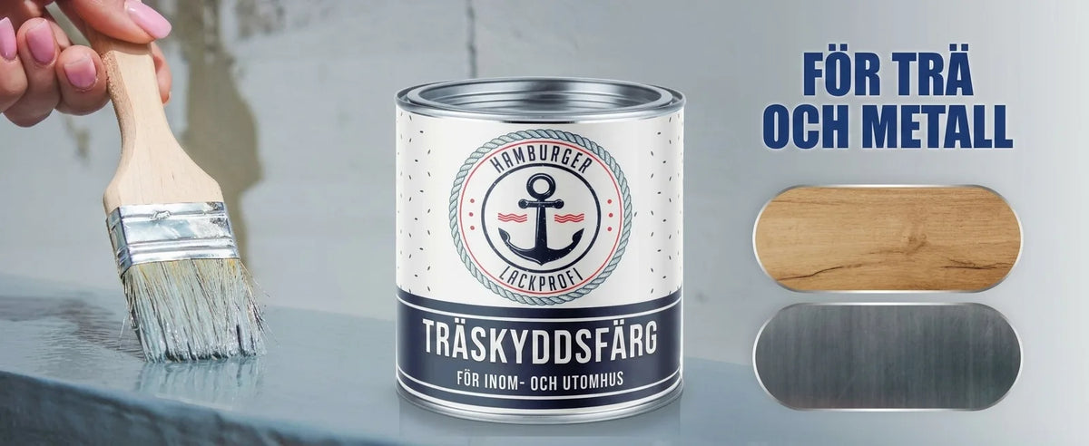 Träskyddsfärg från Hamburger Lackprofi för trä och metall, inomhus och utomhus. En hand målar, burk syns.