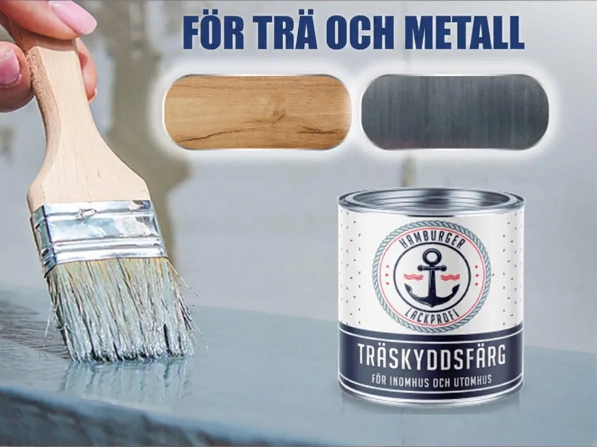 Målarpensel applicerar färg; burk med träskyddsfärg för trä och metall, inom- och utomhusbruk.