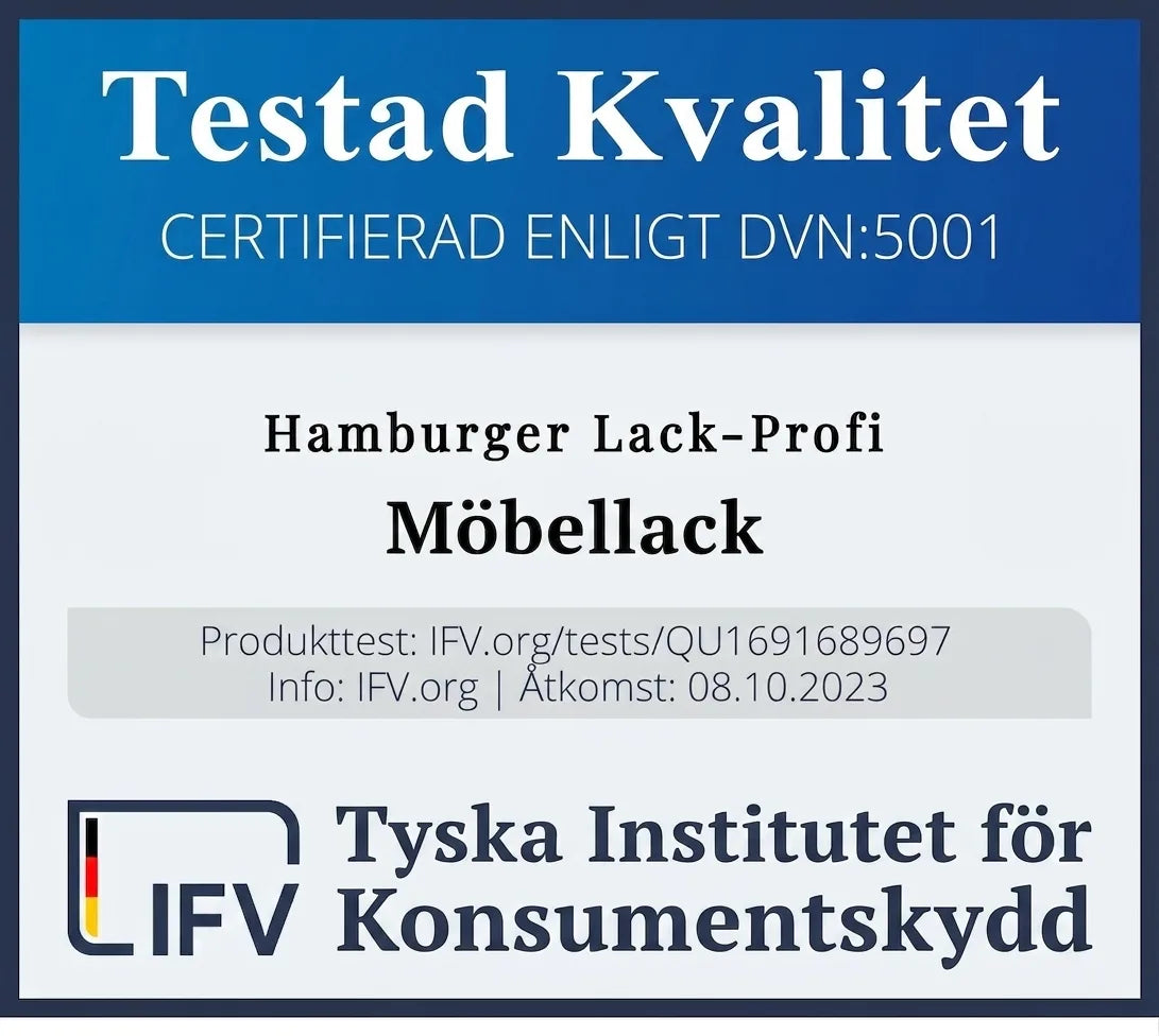 Certifikat för Hamburger Lack-Profi möbelfärg, 'Testad kvalitet', DVN:5001, från tyskt institut.