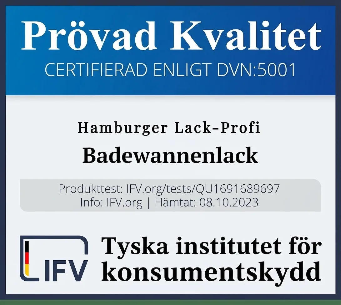Certifikat för Hamburger Lack-Profi badkarfärg, granskad kvalitet av Tyska institutet för konsumentskydd.