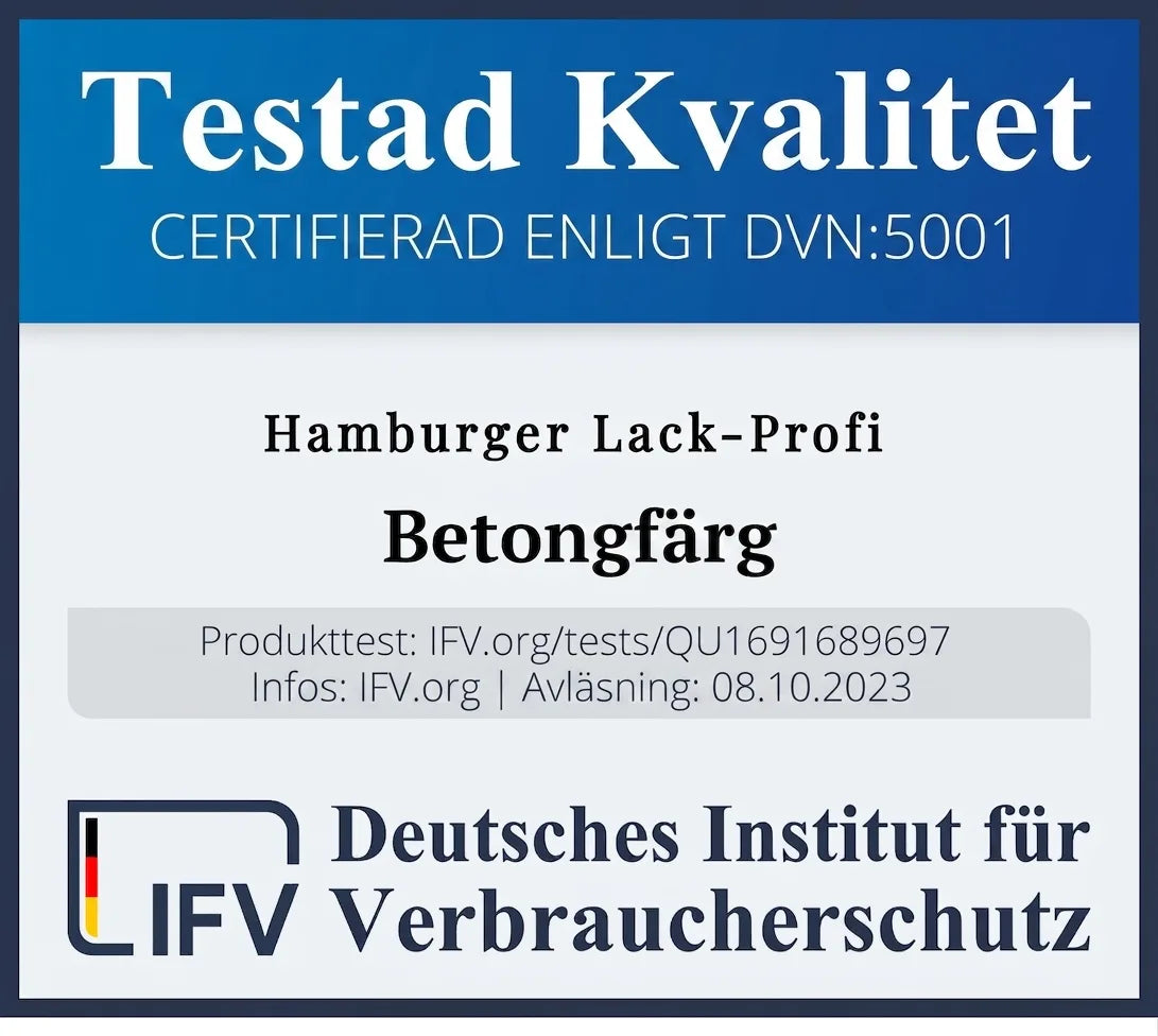 Certifikat för betongfärg från Hamburger Lack-Profi. Testad kvalitet av Tyska institutet för konsumentskydd.