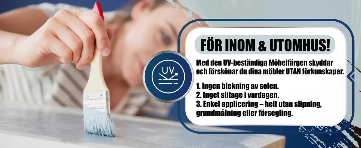 Person målar möbler med UV-beständig färg för inomhus- och utomhusbruk, skyddar mot sol och slitage, enkel applicering.
