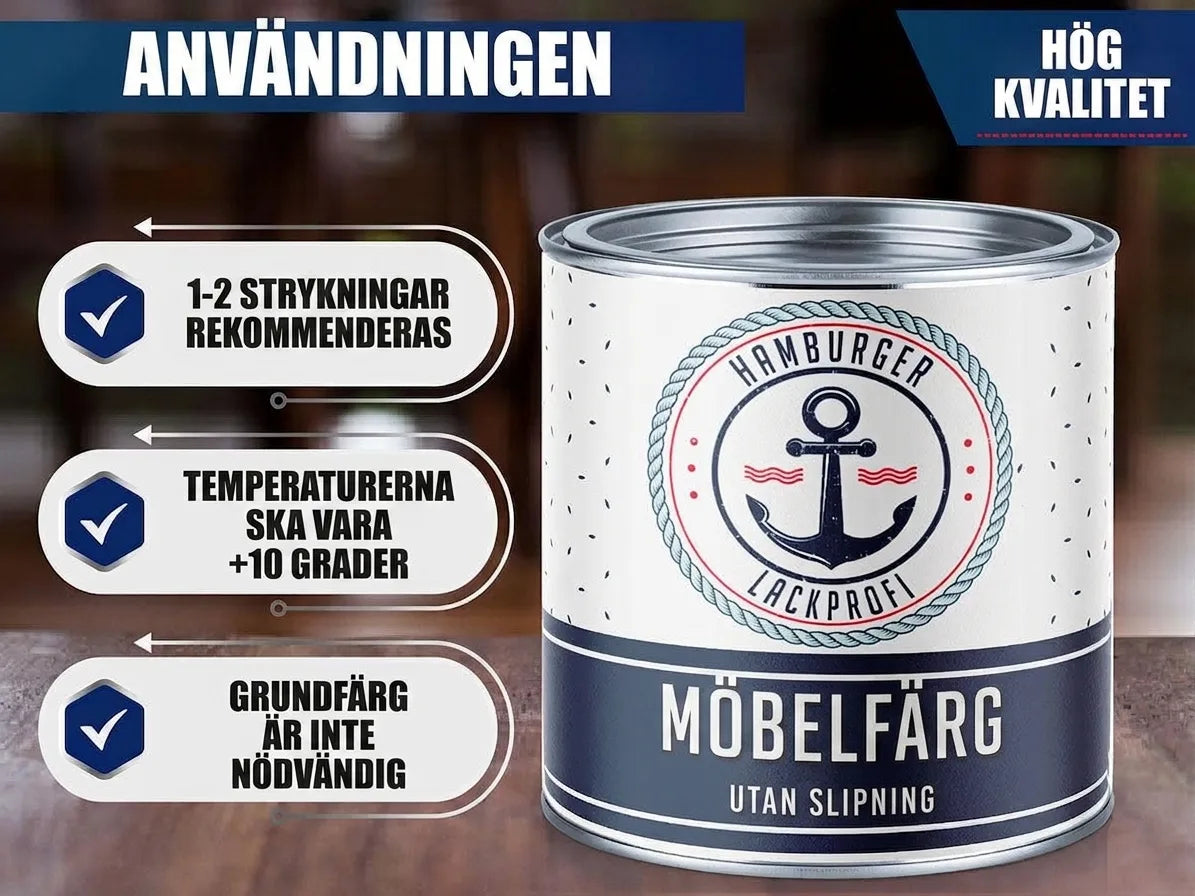 Möbelfärg från Hamburger Lackprofi med användningsinstruktioner: 1-2 lager, +10°C, ingen grundfärg. Hög kvalitet, utan slipning.