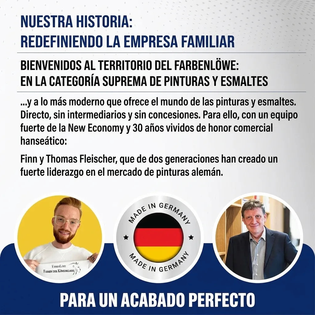 Finn y Thomas Fleischer, empresa familiar alemana Farbenlöwe, expertos en pinturas. Sellos 'Made in Germany'.