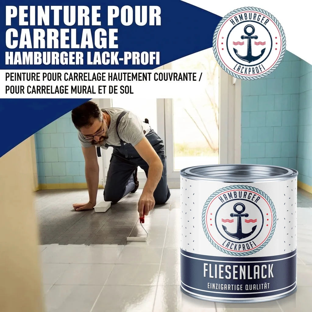 Peinture pour carrelage "Hamburger Lackprofi". Un homme peint un sol. Pot de peinture "Fliesenlack".