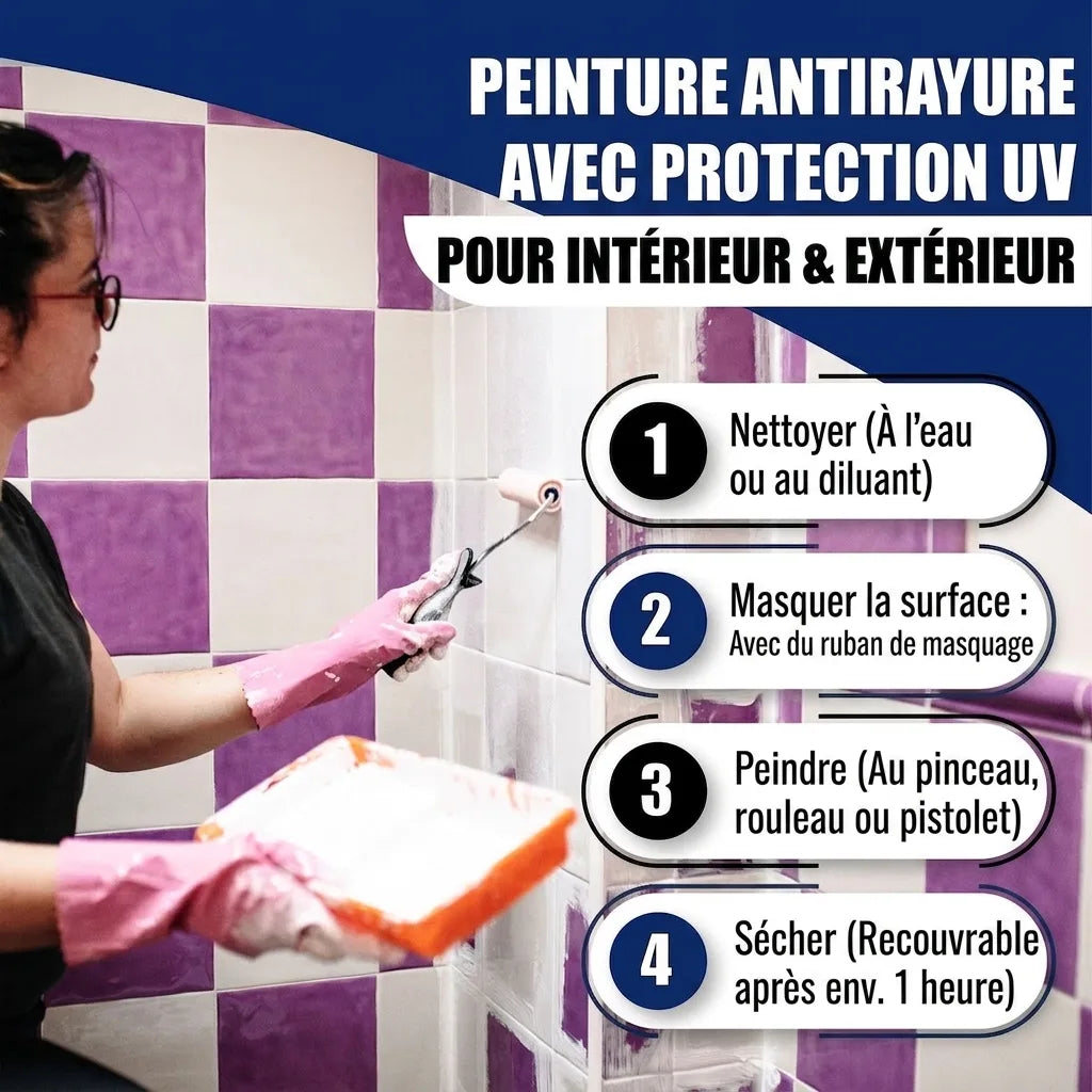 Peinture anti-rayures/UV intérieur/extérieur, instructions d'application. Femme peignant des carreaux.