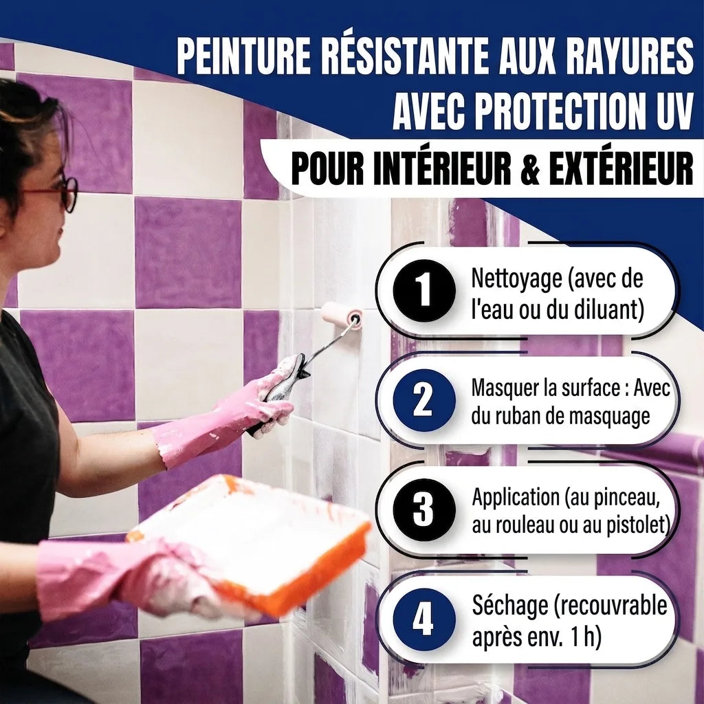 Peinture anti-rayures/UV intérieur/extérieur, instructions d'application. Femme peignant des carreaux.