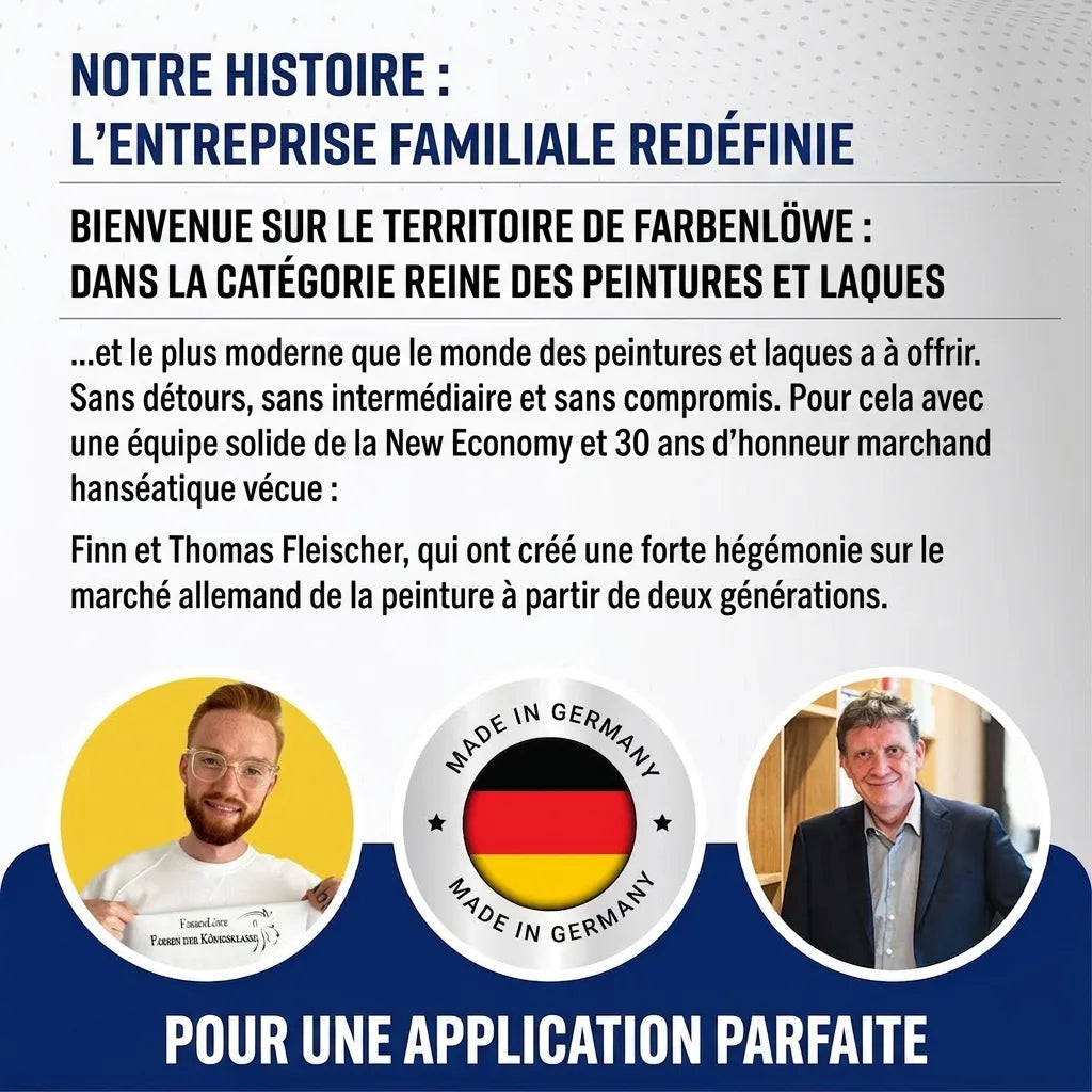 Page de marketing pour Farbenlöwe, une entreprise de peinture allemande 'Made in Germany', avec Finn et Thomas Fleischer.