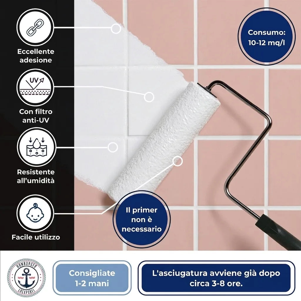 Rullo che dipinge piastrelle. Testo tedesco: alta aderenza, protezione UV, resistenza all'umidità, facile uso, senza primer.