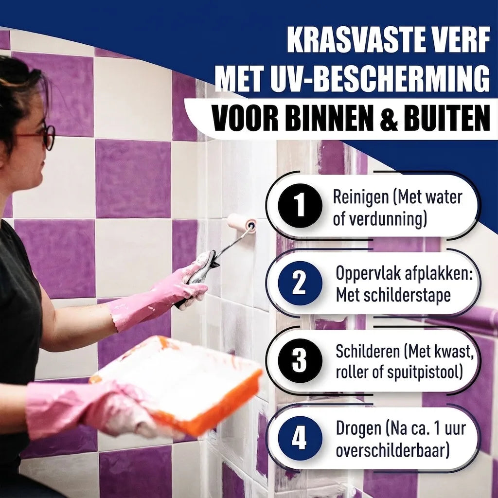 Vrouw schildert tegels wit. Afbeelding toont krasvaste verf met UV-bescherming voor binnen en buiten, met 4 instructiestappen.