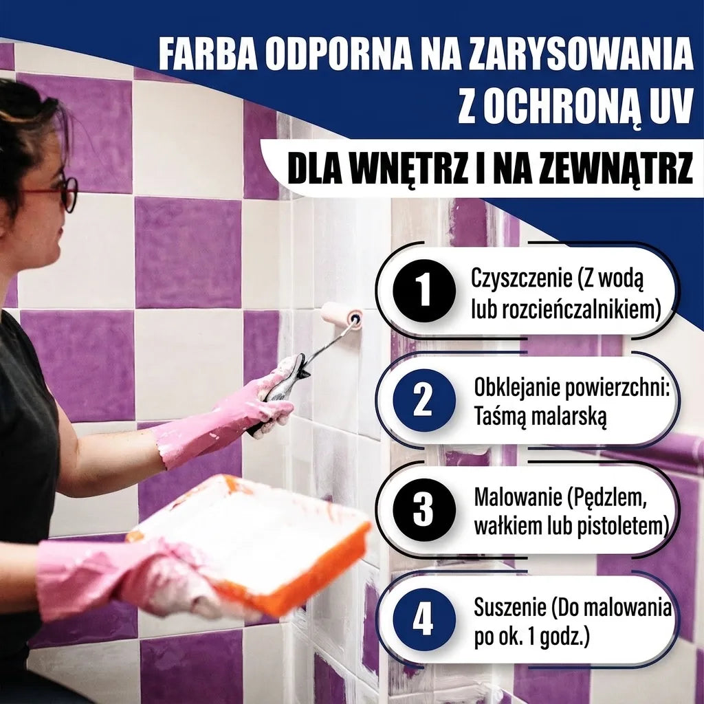 Kobieta maluje płytki, instrukcje użycia farby odpornej na zarysowania z ochroną UV do wnętrz i na zewnątrz.