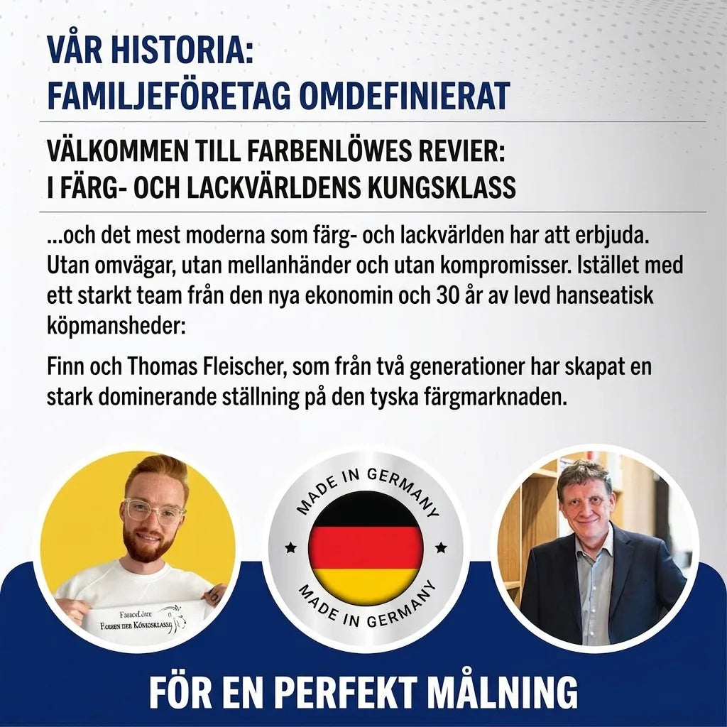 Text om Farbenlöwe, ett tyskt familjeföretag som omdefinierar färg- och lackbranschen. Made in Germany.