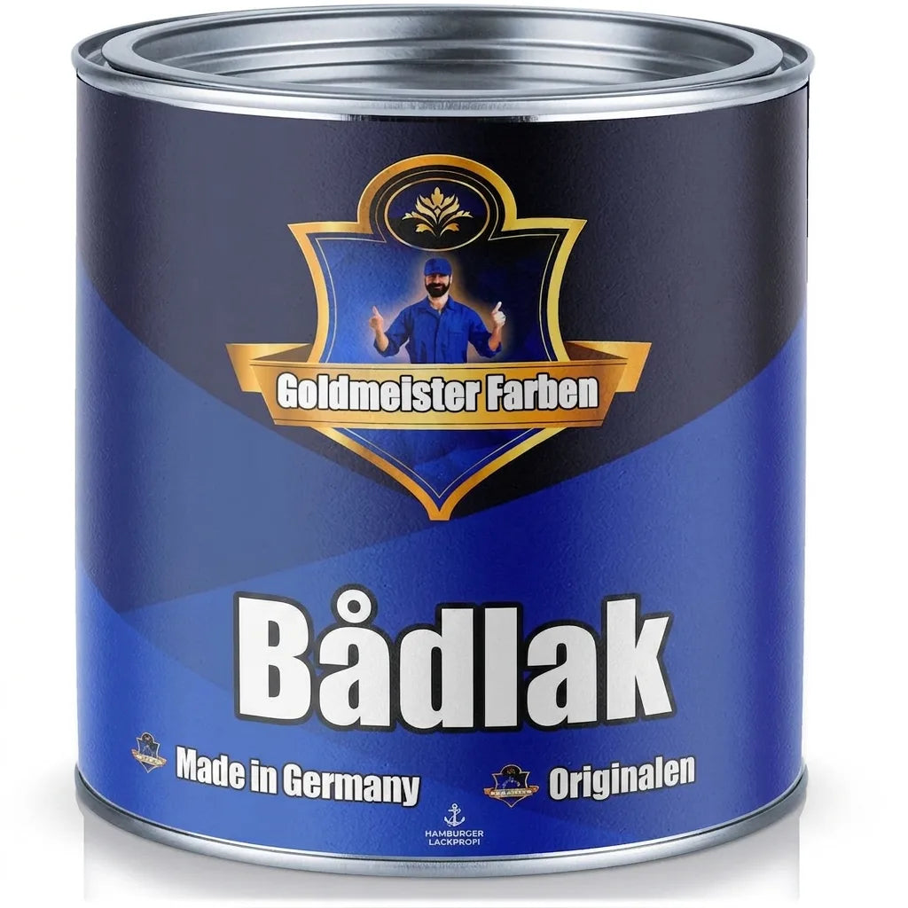 En blå dåse Goldmeister Farben bådlak, 'Das Original', fremstillet i Tyskland.