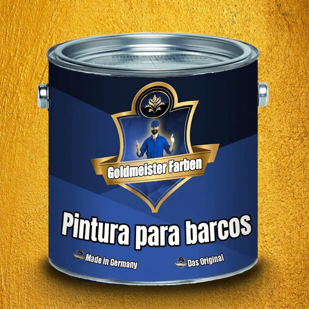 Lata de pintura azul oscuro Goldmeister Farben con la etiqueta 'Bootslack' (barniz para barcos) y 'Hecho en Alemania'.