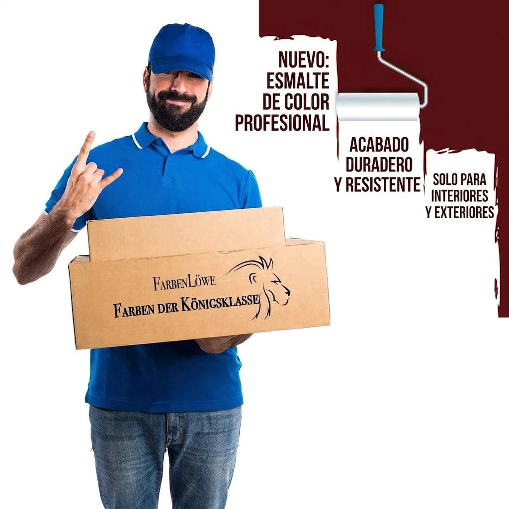 Hombre en uniforme azul entrega cajas de pintura 'FarbenLöwe', con león. Rodillo pintando pared. Texto alemán: 'Colores de Clase Real'.