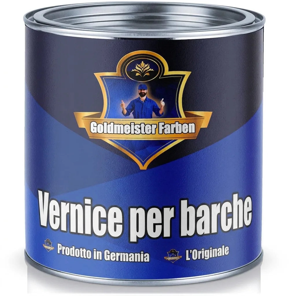 Lattina di vernice blu Goldmeister Farben "Bootslack" (lacca per barche) con logo pittore e "Made in Germany".