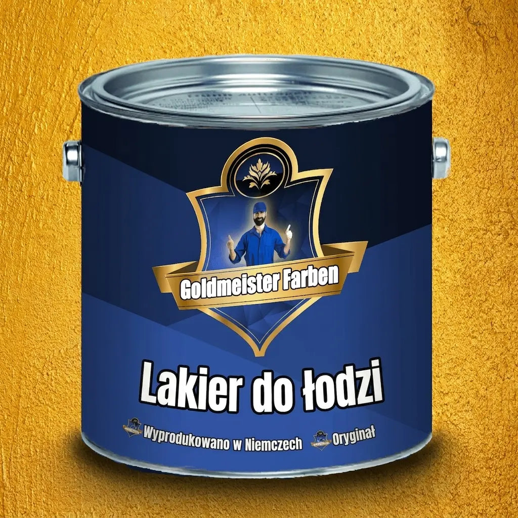 Puszka farby Goldmeister Farben, lakier do łodzi Bootslack. Napisy: Made in Germany, Das Original. Na złotym tle.