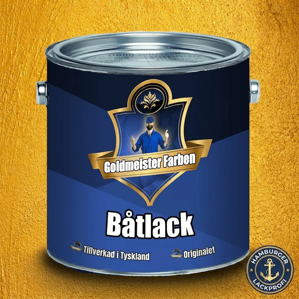 Blå målarburk med guldetikett för Goldmeister Farben Båtlack. Med texten Made in Germany och Das Original.