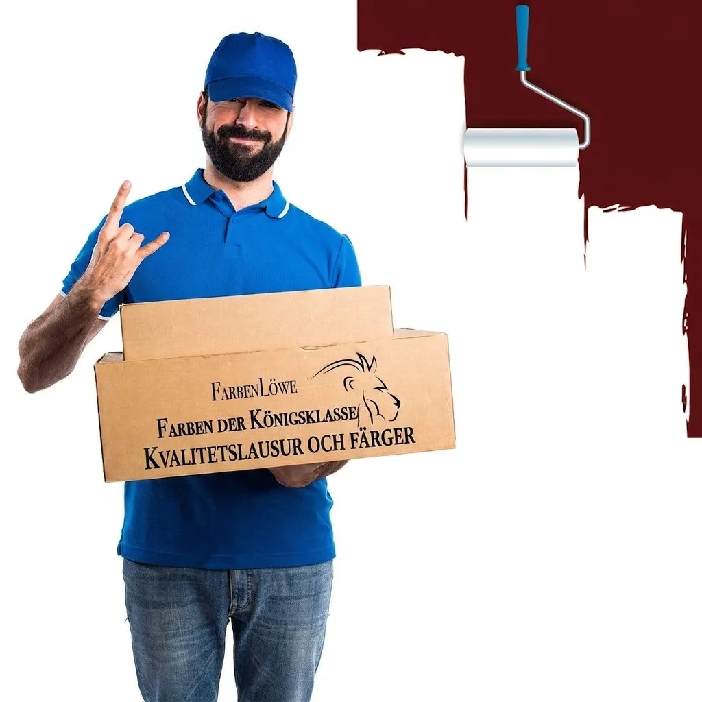 Leverans av FarbenLöwe färg: Man i blått håller kartonger med text 'FarbenLöwe, färgen av kunglig klass'. Målarroller.